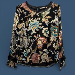 Soft Surroundings Deanna Blouse Sz L Metallic Shimmer Floral Asian Keyhole Lined